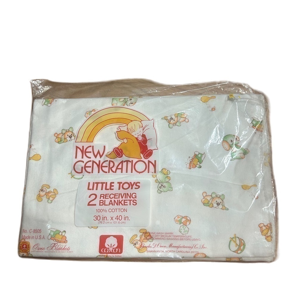 Vintage New Generation 2 Receiving Blankets NEW 100% Cotton Bear Train Baby
